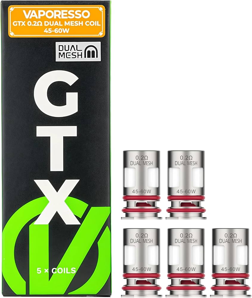 Vaporesso GTX Replacement Coils 5-pack featuring advanced mesh technology with flax cotton and triple silicone seal