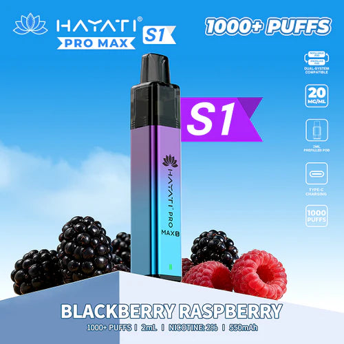 Hayati Pro Max S1 Prefilled Pod Kit rechargeable vape device 550mAh battery 1000 puffs per pod 20mg nicotine salt USB Type-C charging magnetic pod connection aluminium alloy body MTL vaping draw-activated LED battery indicator 30 flavours UK TPD compliant disposable alternative