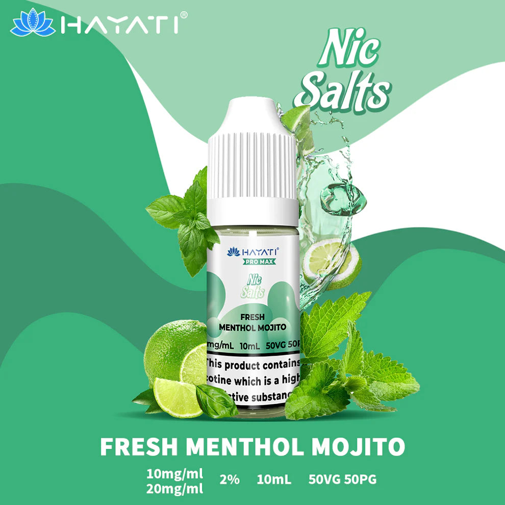 Hayati Pro Max Salts Fresh Menthol Mojito 10ml bottle showing premium disposable-inspired nic salts for MTL pod kits