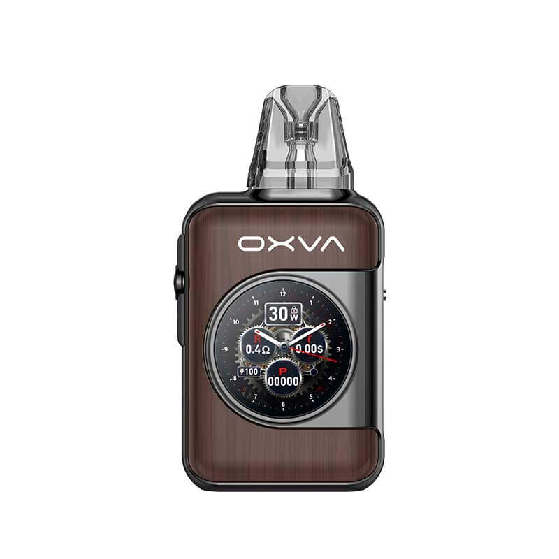 OXVA XLIM SQ Pro 2 Pod Kit in Brown Wood finish showing 1.09-inch HD touchscreen and premium zinc alloy construction