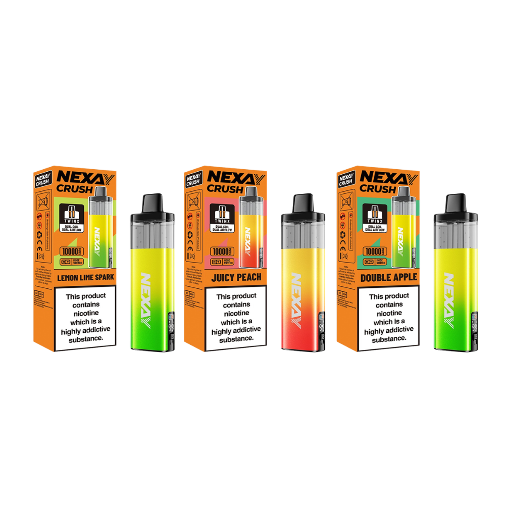 Nexay Crush 10K Puffs Prefilled Pod Kit 800mAh rechargeable battery TWINX dual mesh coils dual airflow 10000 puffs 2ml pod 8ml refill container 20mg nic salt Turbo Normal modes LED display visible tank MTL draw-activated TPD compliant UK