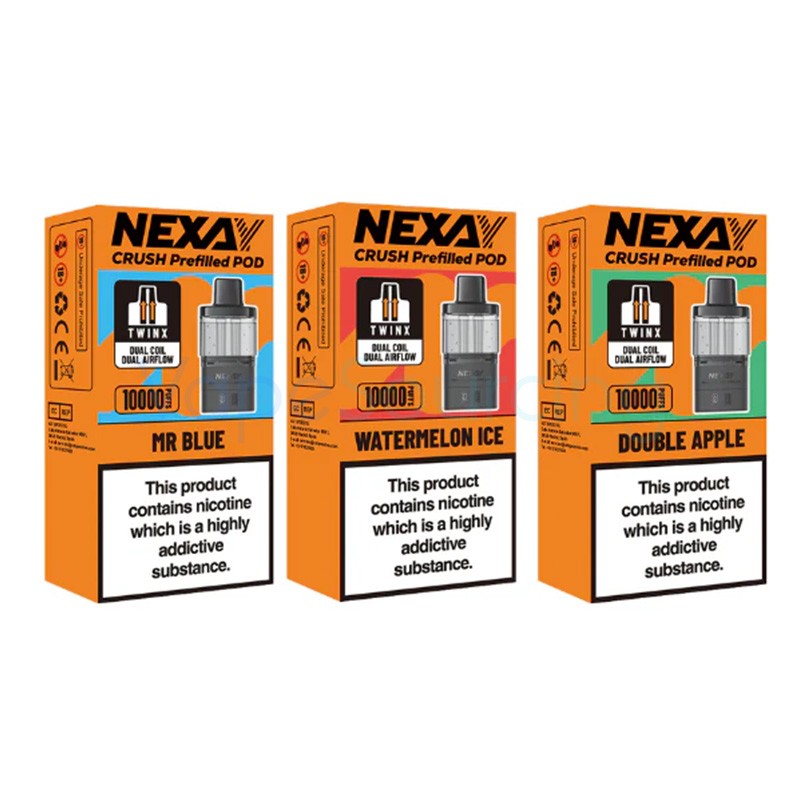 Nexay Crush 10K Prefilled Pods replacement pod cartridges TWINX dual mesh coils dual airflow 10000 puffs 2ml pod 8ml refill container 10ml total 20mg nicotine salt sealed prefilled MTL Turbo Normal modes 15 flavours UK TPD compliant