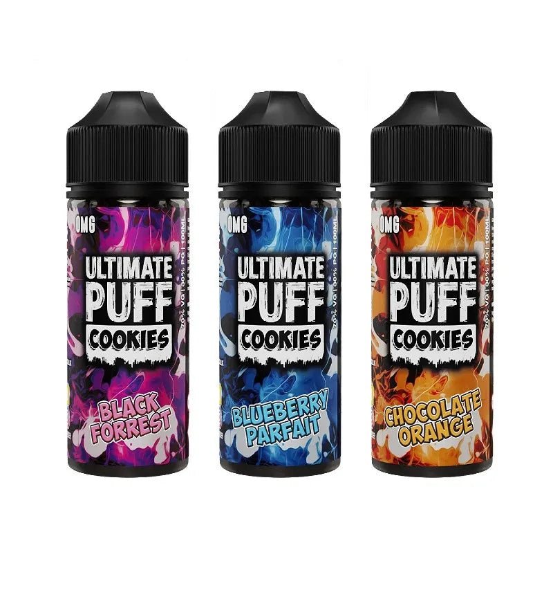 Ultimate Puff Cookies E-Liquid 100ml bottle showing premium UK-made dessert shortfill with gourmet cookie flavours